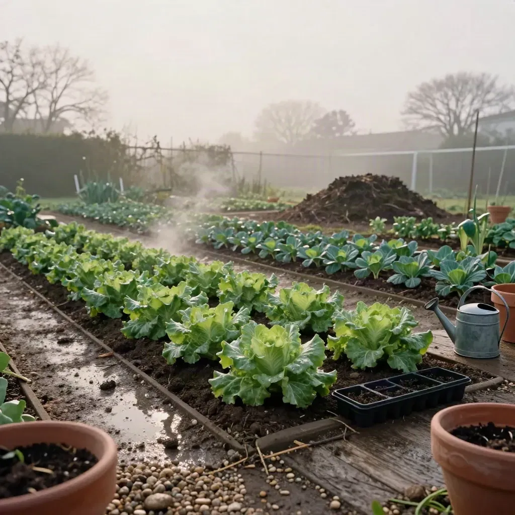 Orto rialzato all’alba con piantine, vasi in terracotta, annaffiatoio e compost nella foschia.