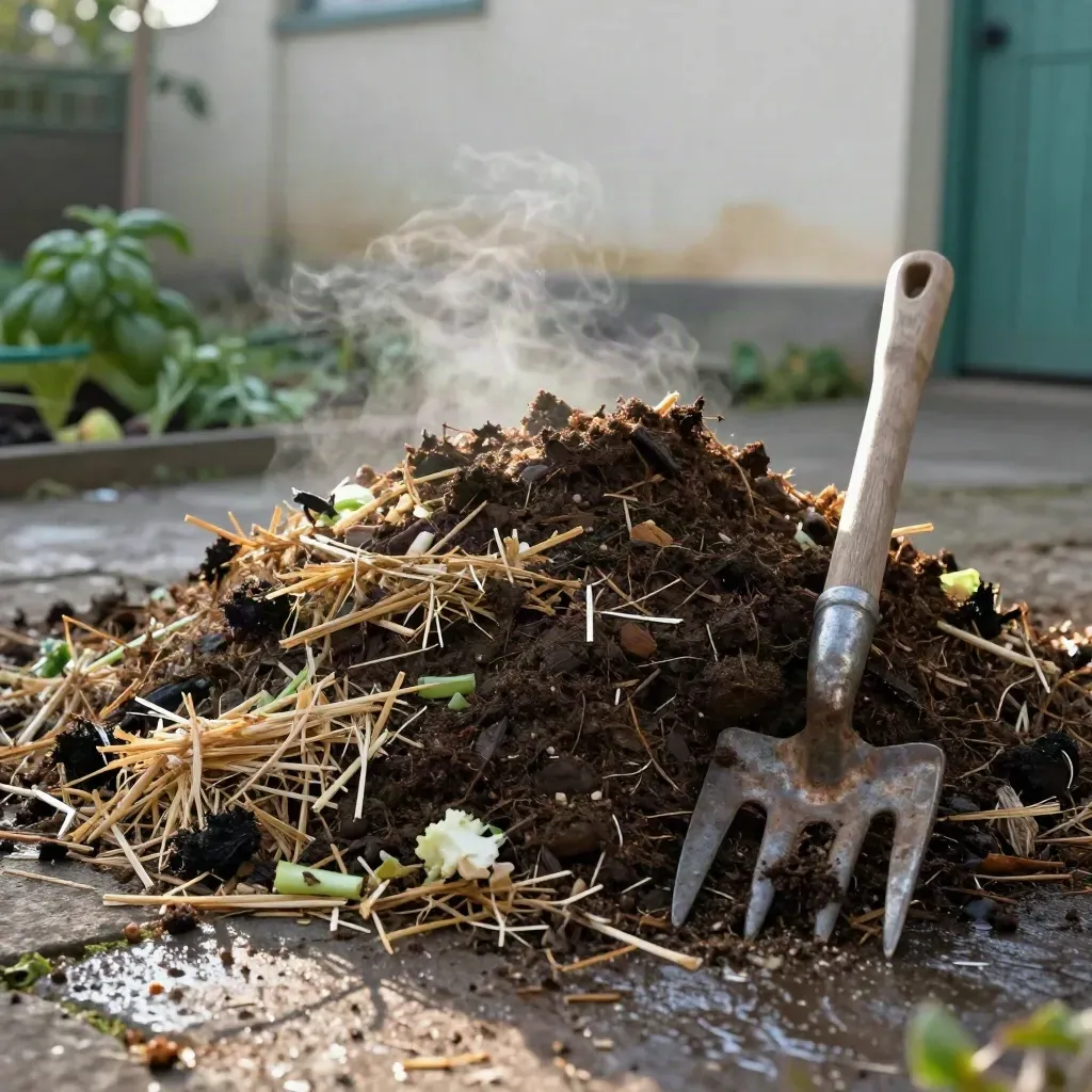 Cumulo di compost fumante con paglia e forca in un cortile mattutino sfocato.