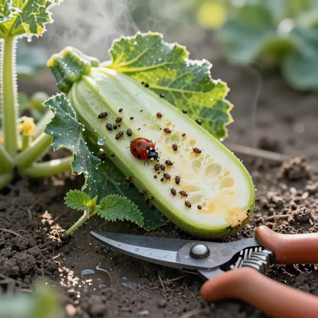 Sotto una foglia di zucchina con afidi e coccinella, accanto a forbici da potatura nel fresco bagnato.