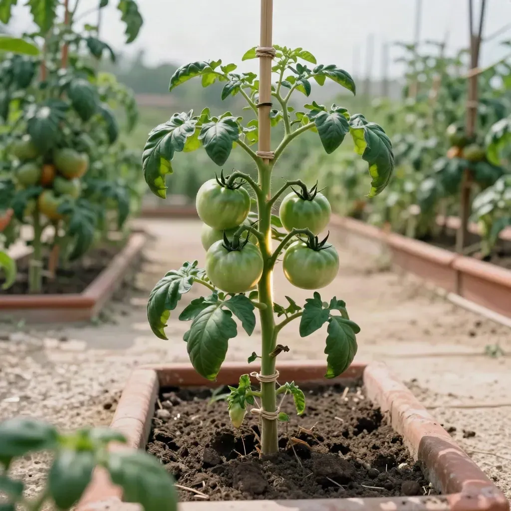 Pianta di pomodoro potata con tutori di bambù e grappoli verdi in un orto assolato