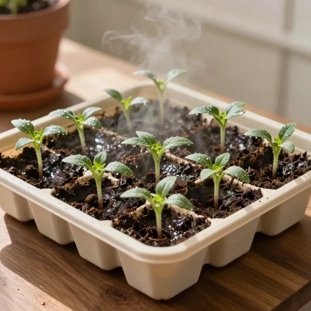 Vassoio di semina con piantine di pomodoro appena spuntate e terriccio umido.