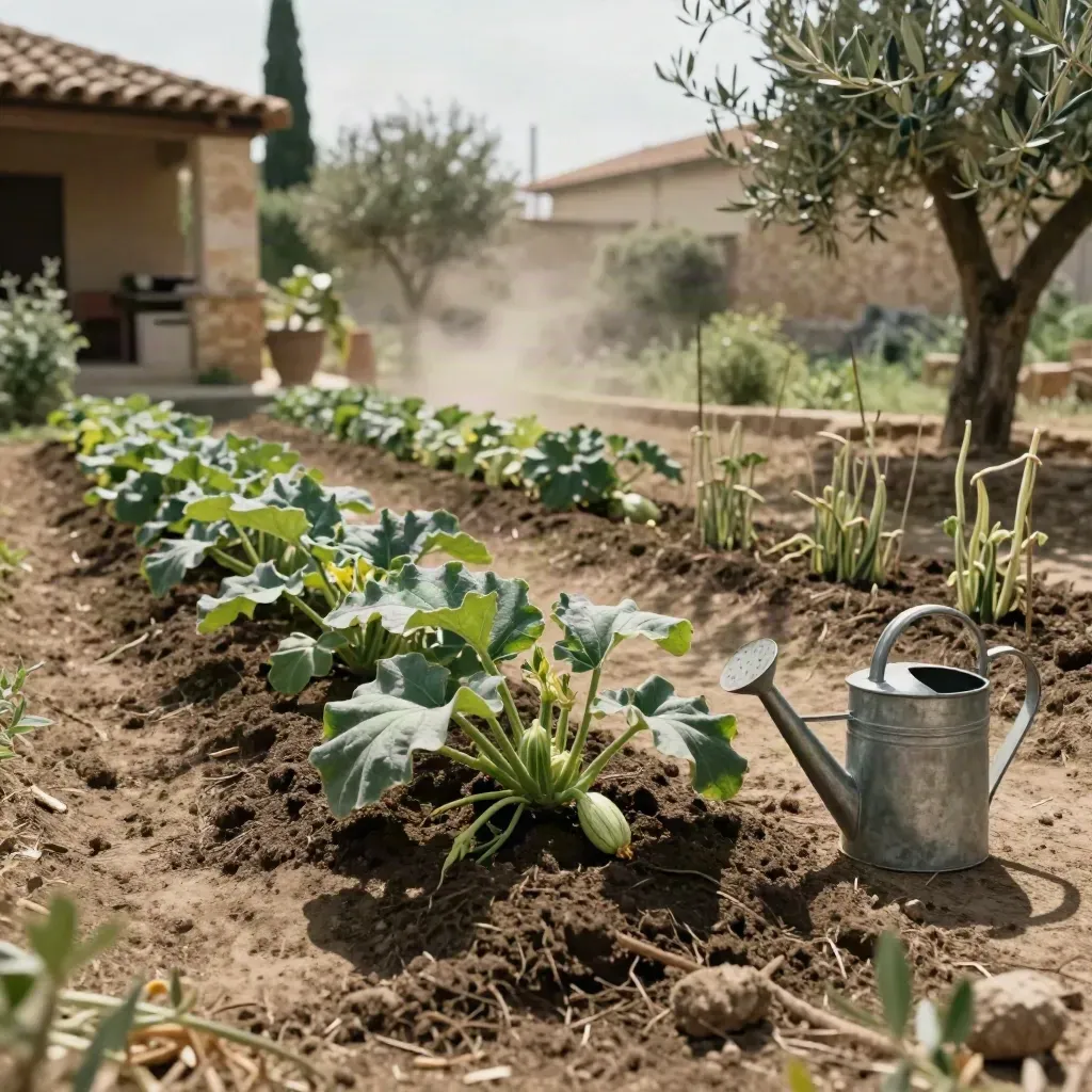 Bancale di zucchine e fagiolini appena seminati, brocca metallica e canne nel sole radente.