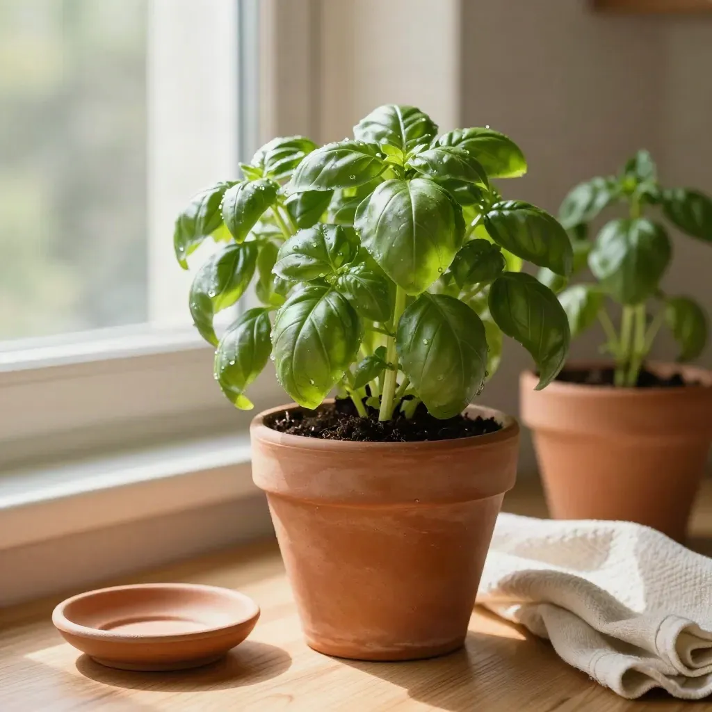 Fioriere di basilico e prezzemolo vicino alla finestra, con piattino in ceramica e telo di cotone.