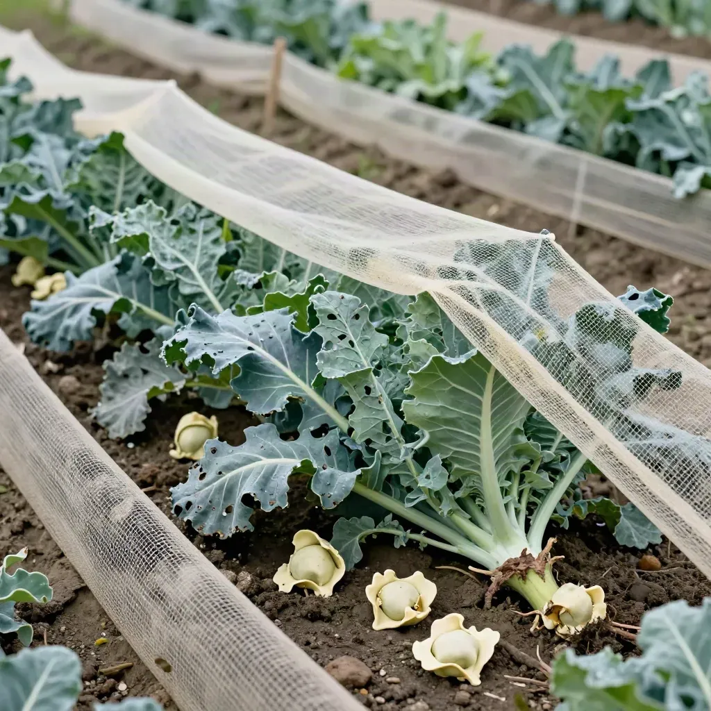 Cavoli e cavolfiori con foglie rosicchiate, rete sollevata e terreno bagnato