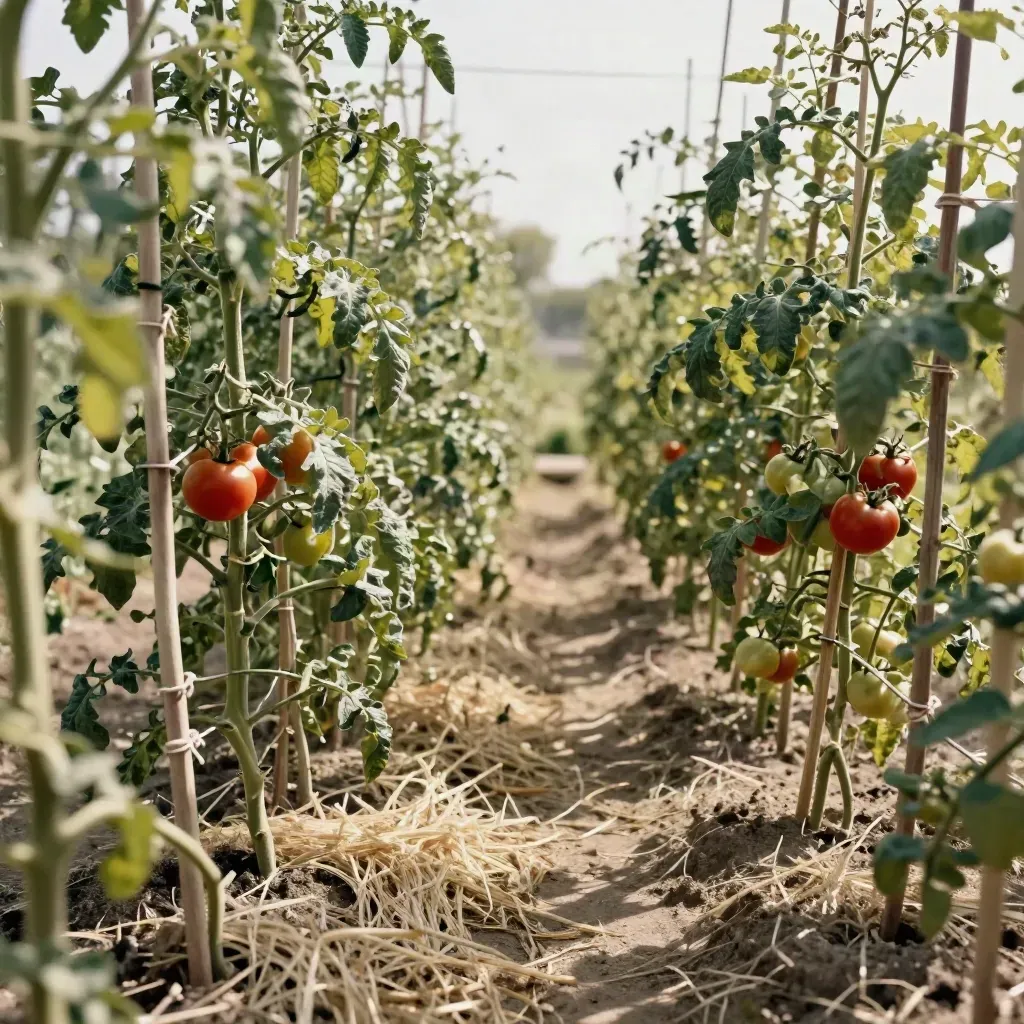 Filari di pomodori potati con grappoli rossi e luce radente in un orto secco