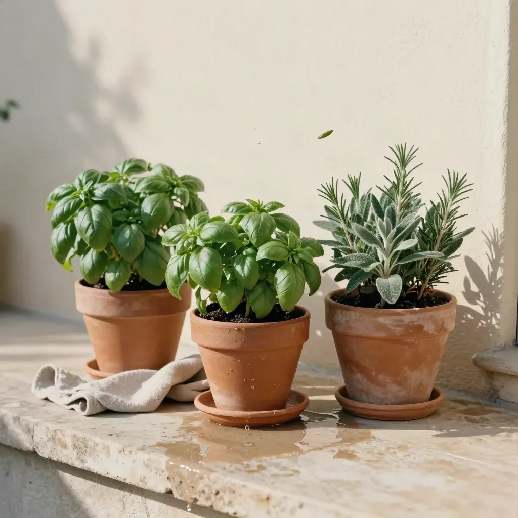 Vasi di basilico, salvia e rosmarino su terrazza in pietra con telo di lino.