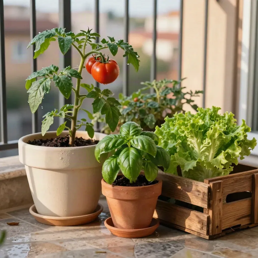 Balcone soleggiato con vasi di pomodoro nano, lattuga e basilico su pavimento in pietra