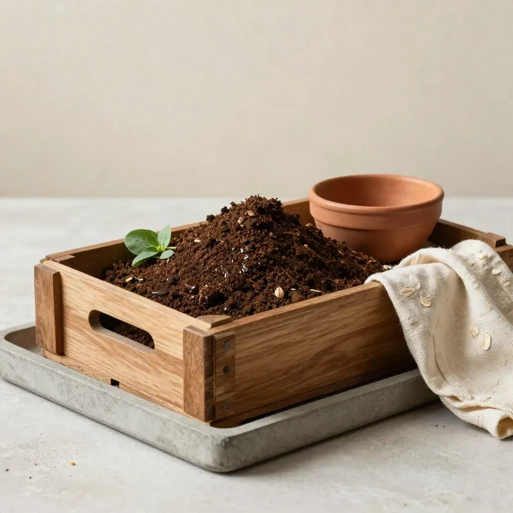 Cassetta di compost setacciato con ciotola in terracotta e rametto verde su vassoio neutro.