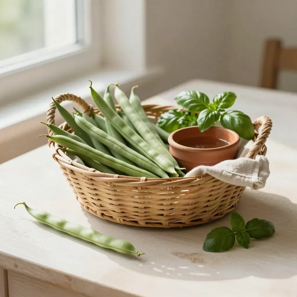cesto basso con fagiolini, basilico e prezzemolo freschi accanto a una ciotola in terracotta