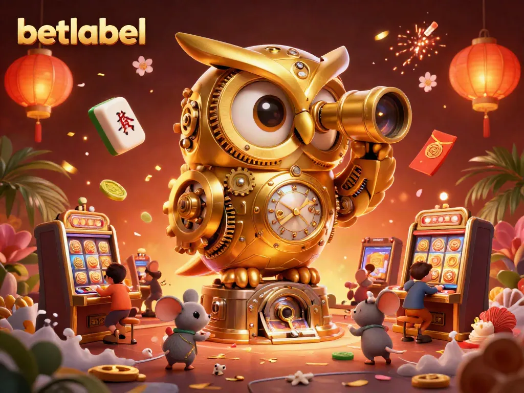 Engage with betlabel's vibrant casino scene featuring a golden owl and animated mice in a festive atmosphere.