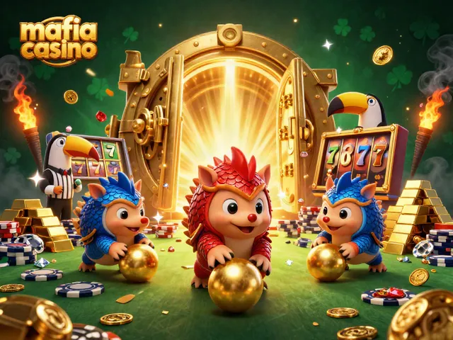 Experience the excitement of mafia casino gaming with animated pangolins navigating poker chips and gold.