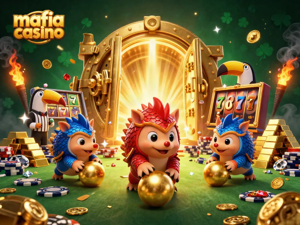 Experience the excitement of mafia casino gaming with animated pangolins navigating poker chips and gold.